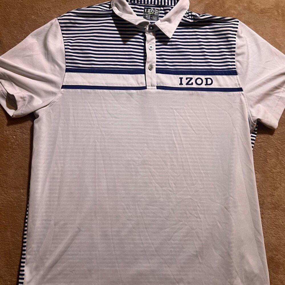 IZOD Golf Men Large‎ White Blue Striped Performance Short Sleeve Golf Polo (W)